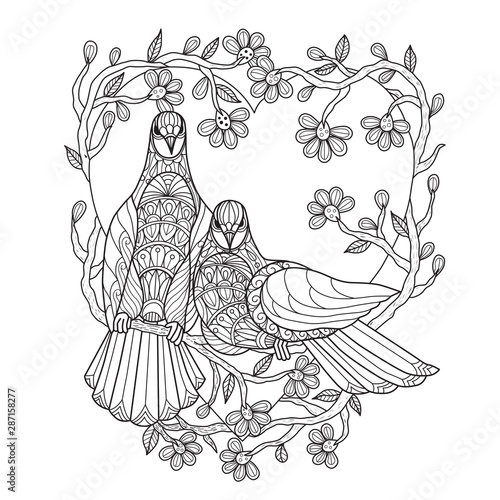 Hand drawn sketch illustration of bird in love for adult coloring book.
