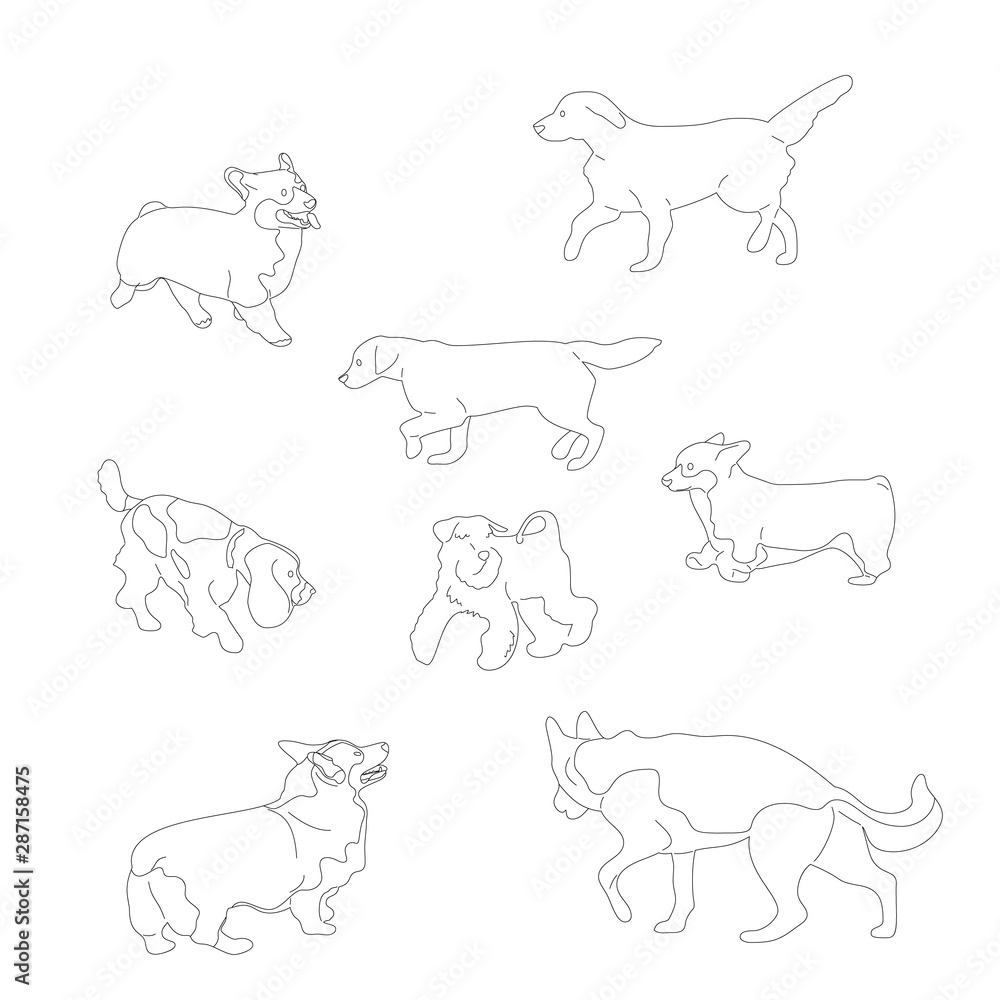 Set of black and white multiple breed dogs, corgi, retriever, shepherd, terrier, spaniel. Isolated on white background. Flat style cartoon stock vector illustration..