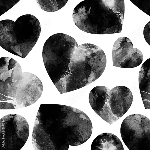 Seamless watercolor pattern with black hearts. Valentines Day background