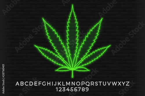 Neon cannabis leaf and alphabet on brick wall illustration. 