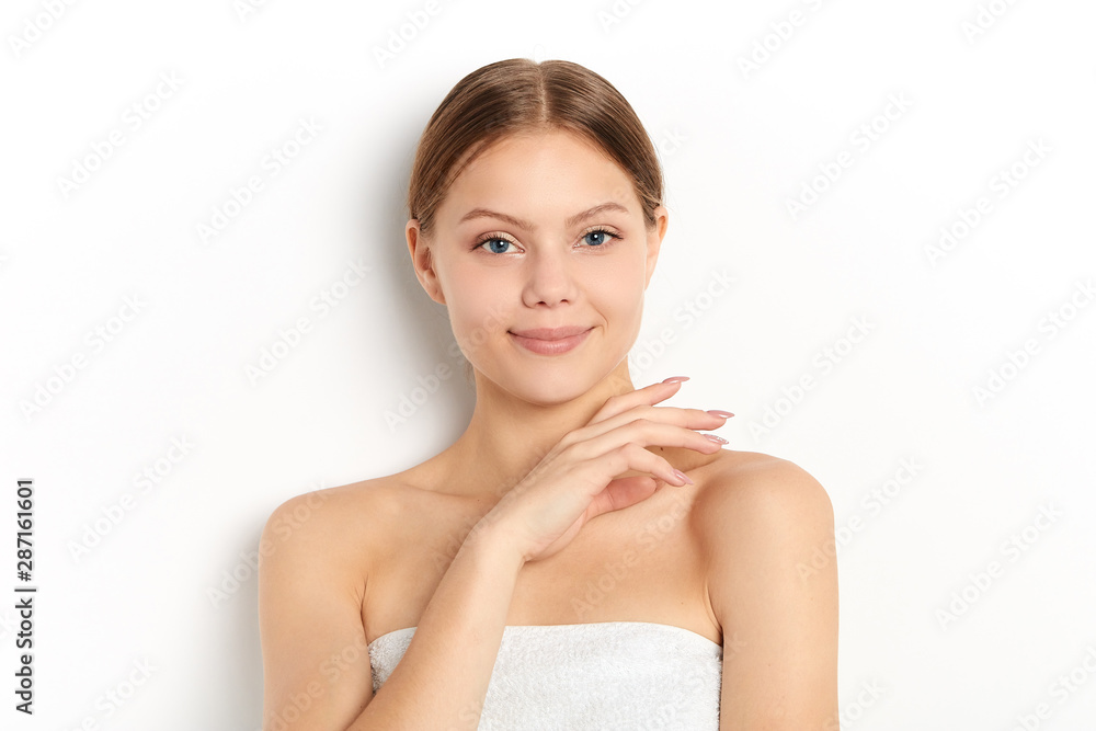 Beautiful woman with smooth, soft facial skin resting in beauty salon.close up portrait, studio shot. wellness, wellbeing Beautiful woman with smooth, soft facial skin resting in beauty salon.close up portrait, studio shot. wellness, wellbeing