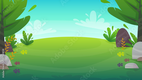 green grass meadow at park or forest trees and bushes flowers scenery background , nature lawn ecology peace vector illustration of forest nature happy funny cartoon style landscape