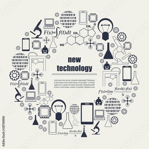 Innovation and technology concept. Vector template for presentation. Circle frame with thin line icons.
