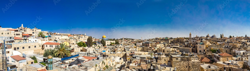 Panoramic view of Muslim quarter and The Dome of the Rock Qubbat al-Sakhrah from the wall in the Old City of Jerusalem, Israel.  Stitched panorama.