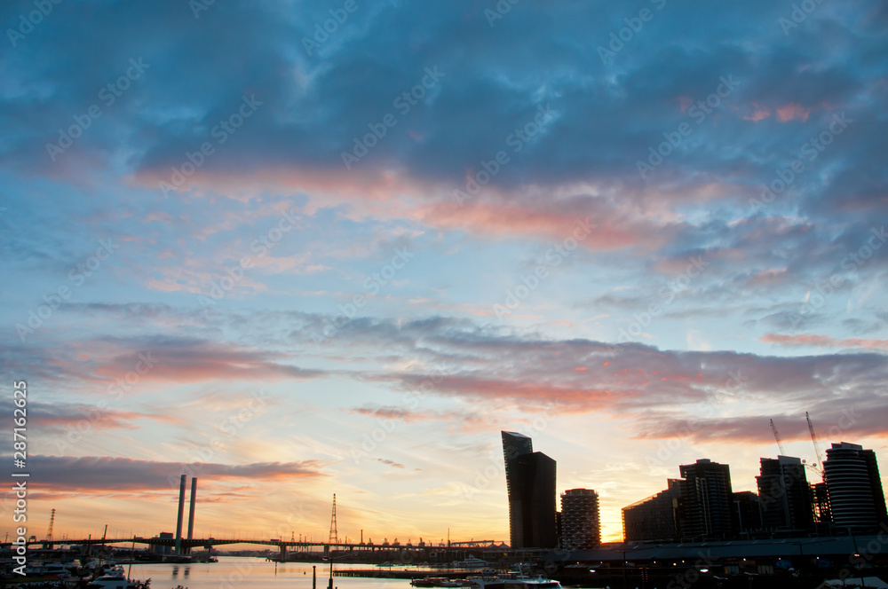 MELBOURNE, AUSTRALIA - JULY 26, 2018: Bolte Bridge from Docklands Melbourne Australia with Sunset