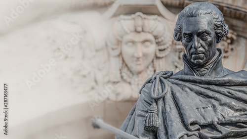 Monument to King Frederick Augustus I of Saxony in front of Supreme Land Court (Oberlandesgericht) palace in Dresden, Germany