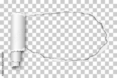 Oblong snatched hole in transparent sheet of paper with paper curl. Vector paper template.