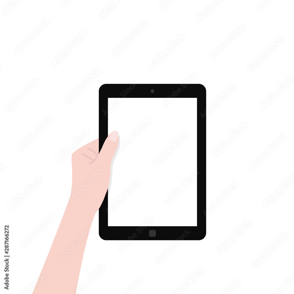 black tablet with white screen in left hand black tablet with white screen in left hand