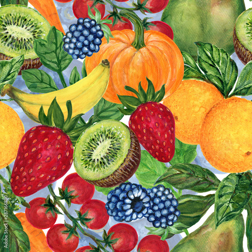 Fototapeta Naklejka Na Ścianę i Meble -  Watercolor Vegetable and fruit for clean eating healthy style seamless pattern set hand painted illustration gouache