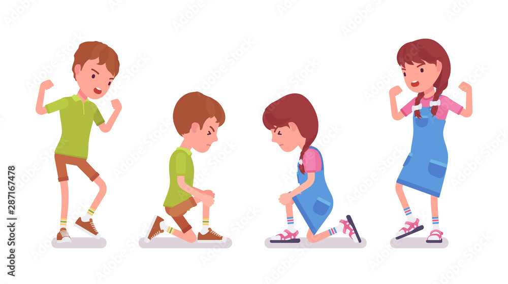 Boy and girl child 7 to 9 years old, negative mood and injury. Unhappy angry kid crying, feeling hurt and upset with scraped knee. Vector flat style cartoon illustration isolated on white background