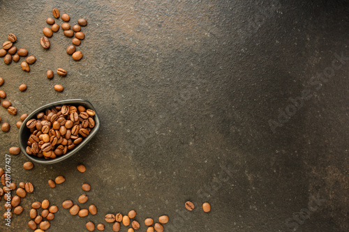 coffee beans drink and sprinkle coffee on the table. food background. top. copy space