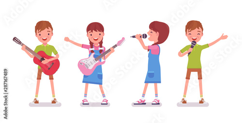 Boy, girl child 7 to 9 years old, school age kid entertainment. Happy pleasure, delight with singing, guitar playing at musical party. Vector flat style cartoon illustration isolated, white background