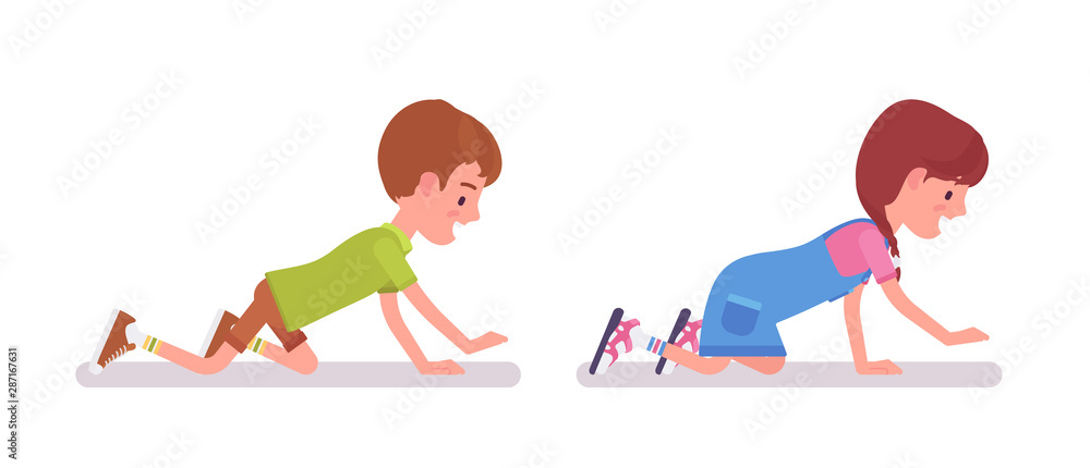Boy and girl child 7 to 9 years old, active happy school age male and female kid crawling, playing a game having fun, amusement. Vector flat style cartoon illustration isolated on white background Boy and girl child 7 to 9 years old, active happy school age male and female kid crawling, playing a game having fun, amusement. Vector flat style cartoon illustration isolated on white background
