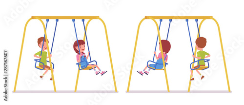 Boy and girl child 7 to 9 years old on swings at park or garden. Children enjoy, outdoor playground, backyard fun. Vector flat style cartoon illustration isolated on white background, front, rear view