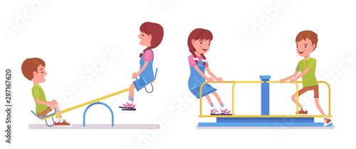 Boy, girl child 7 to 9 years old on seesaw, carousel. Kids enjoy free time, fun in park, garden recreation, home playground activity. Vector flat style cartoon illustration isolated, white background