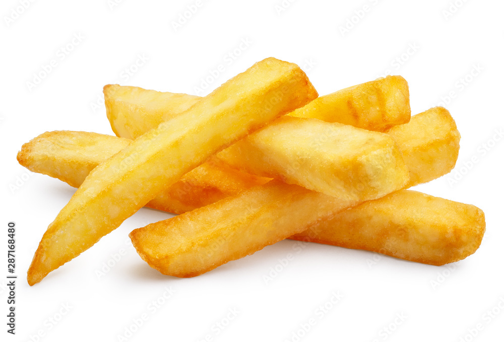 Close-up of delicious french potato fries, isolated on white background Close-up of delicious french potato fries, isolated on white background