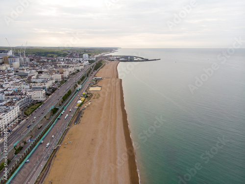 Aerial photo of the Brighton Marina and coastal area located in the south coast of England UK that is part of the City of Brighton and Hove  taken on a bright sunny day