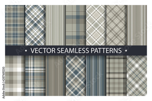 Set plaid pattern seamless. Tartan patterns fabric texture. Checkered geometric vector background. Scottish stripe blanket backdrop