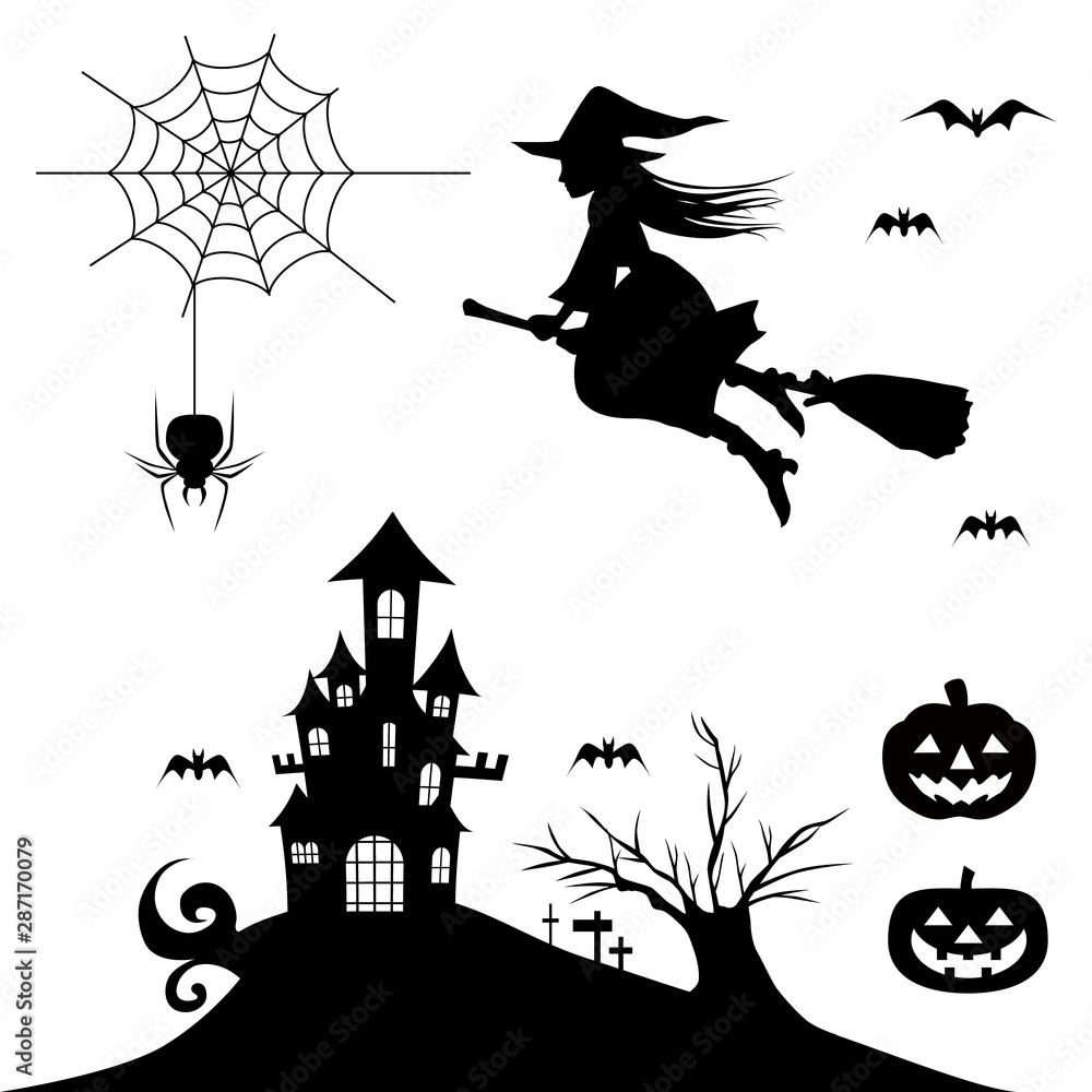 ハロウィン シルエット素材 魔女 かぼちゃ お城 木 お化け屋敷のイラスト Stock Vektorgrafik Adobe Stock