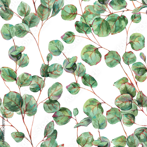Watercolor Eucalyptus Leaves Seamless Pattern, Natural Vintage Watercolor Botanical Texture