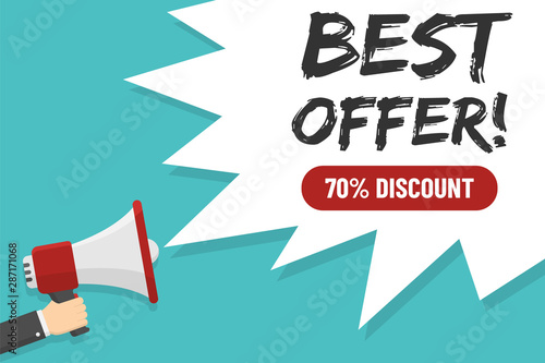red megaphone in hand with best offer lettering in white dialog speech bubble vector illustration. 70 percent off discount. for advertising, promotions, sales, discounts