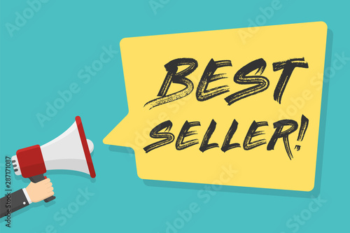 red megaphone in hand with best seller lettering in yellow dialog speech bubble vector illustration. for advertising, promotions, sales, discounts