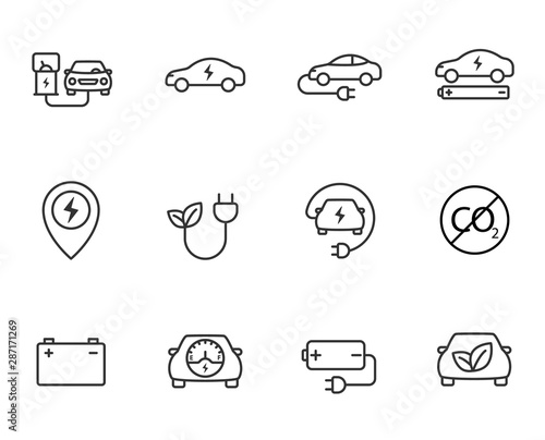 electric car flat icons for web, mobile and ui design. electric eco car outline vector icons set isolated on white background. electric ecological transport concept
