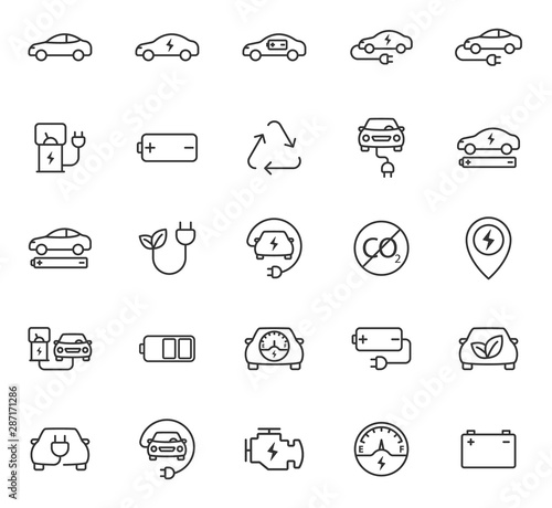 electric eco car outline vector icons set isolated on white background. electric ecological transport concept. electric car flat icons for web, mobile and ui design.