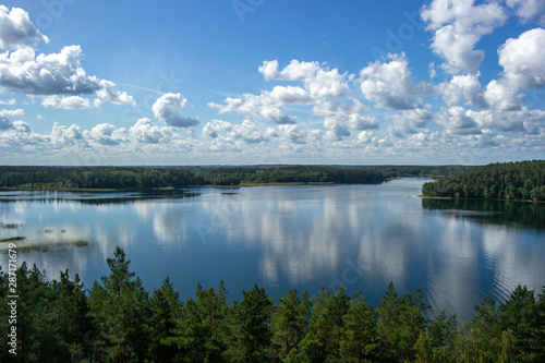 Green trees by the lake on a sunny day, with clouds on the sky