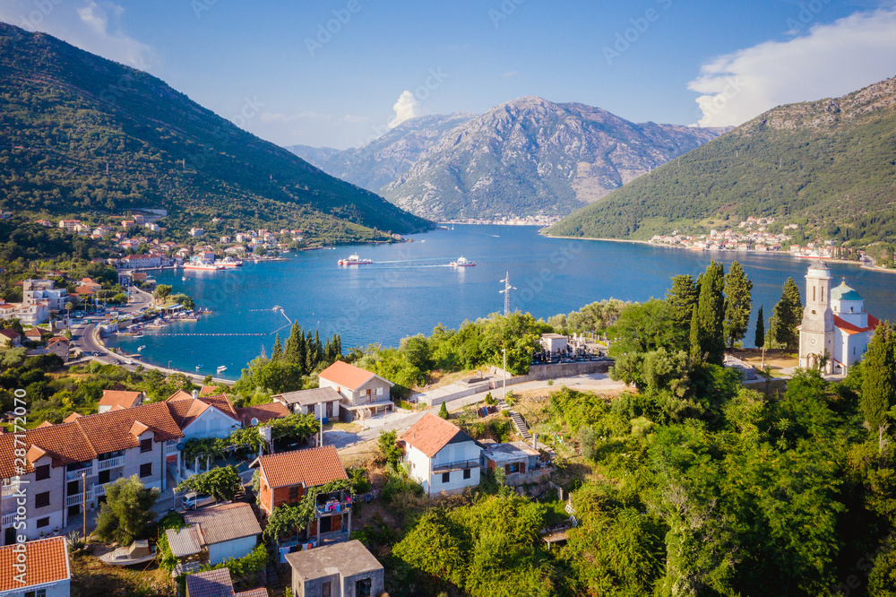 Panoramic view on Kotor bay and the chapel JOSICE, Montenegro.