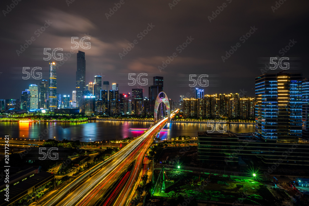 5G technology concept with cityscapes background