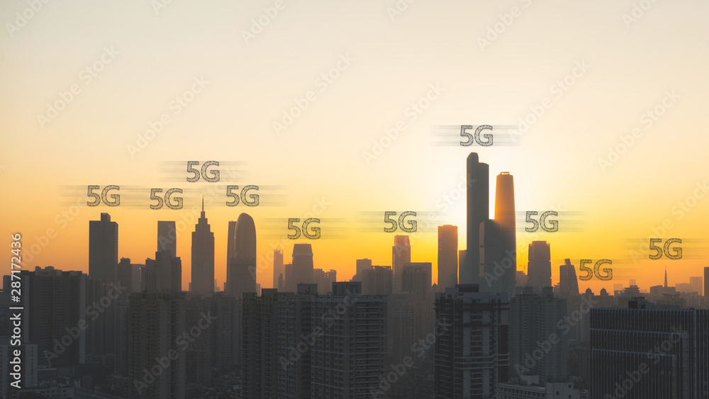 5G technology concept with cityscapes background