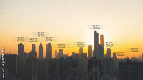 5G technology concept with cityscapes background