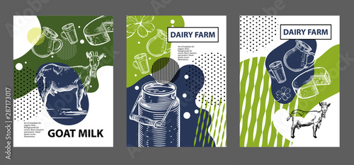 Agricultural brochure layout design. An example of a backdrop for milk farm. Vector image of goat, milk wave, jug, cup. Geometrical composition. Background for covers, flyers, banners.