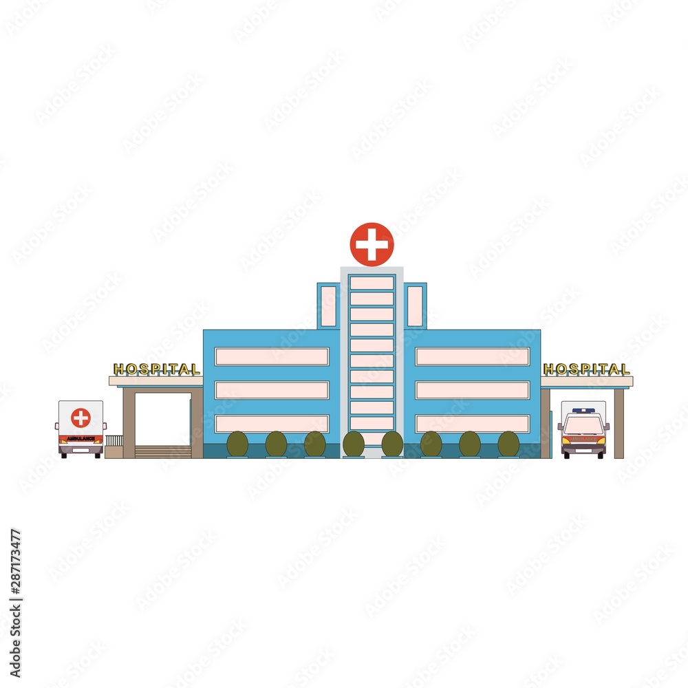 Hospital building icon in flat style. First aid car front and back view. Medical cityscape architecture in cartoon style. Health care hospital exterior. Vector illustration
