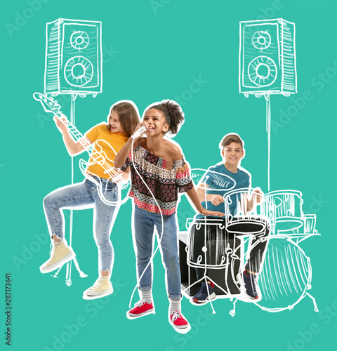 Obraz na płótnie Teenage musicians with drawing instruments playing against color background