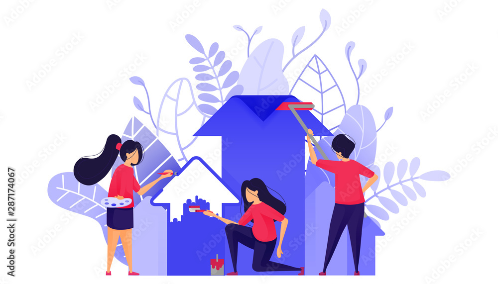 Paint a Profit Increase With Teamwork in Business. People are Drawing Arrow Up for Return on