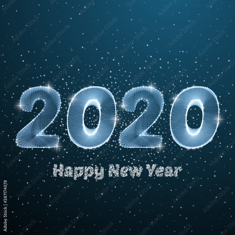 Happy New Year 2020 low poly circle poster. Blue sky particle holiday dot concept with sky and stars. Vector sparkle light polygonal illustration Happy New Year 2020 low poly circle poster. Blue sky particle holiday dot concept with sky and stars. Vector sparkle light polygonal illustration