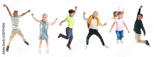 Different jumping children on white background