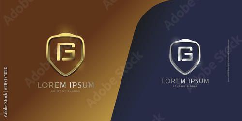 set of shiny 3d metallic gold and silver shield icon, initial letter G monogram custom logo template