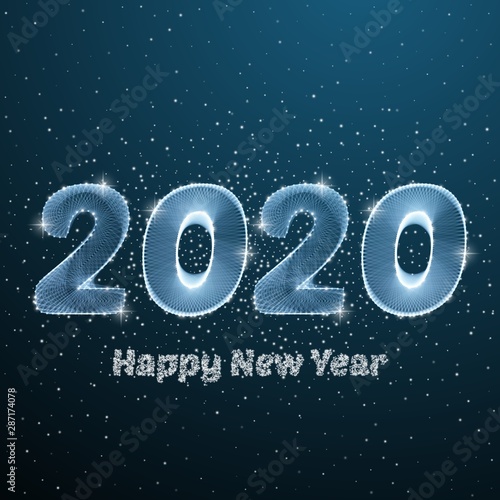 Happy New Year 2020 low poly circle poster. Blue sky particle holiday dot concept with sky and stars. Vector sparkle light polygonal illustration