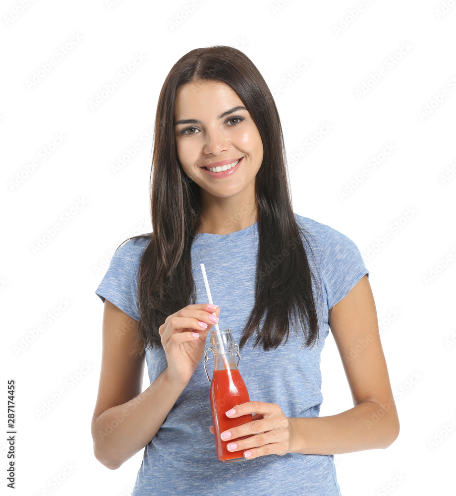 Young woman with healthy tomato juice on white background Young woman with healthy tomato juice on white background