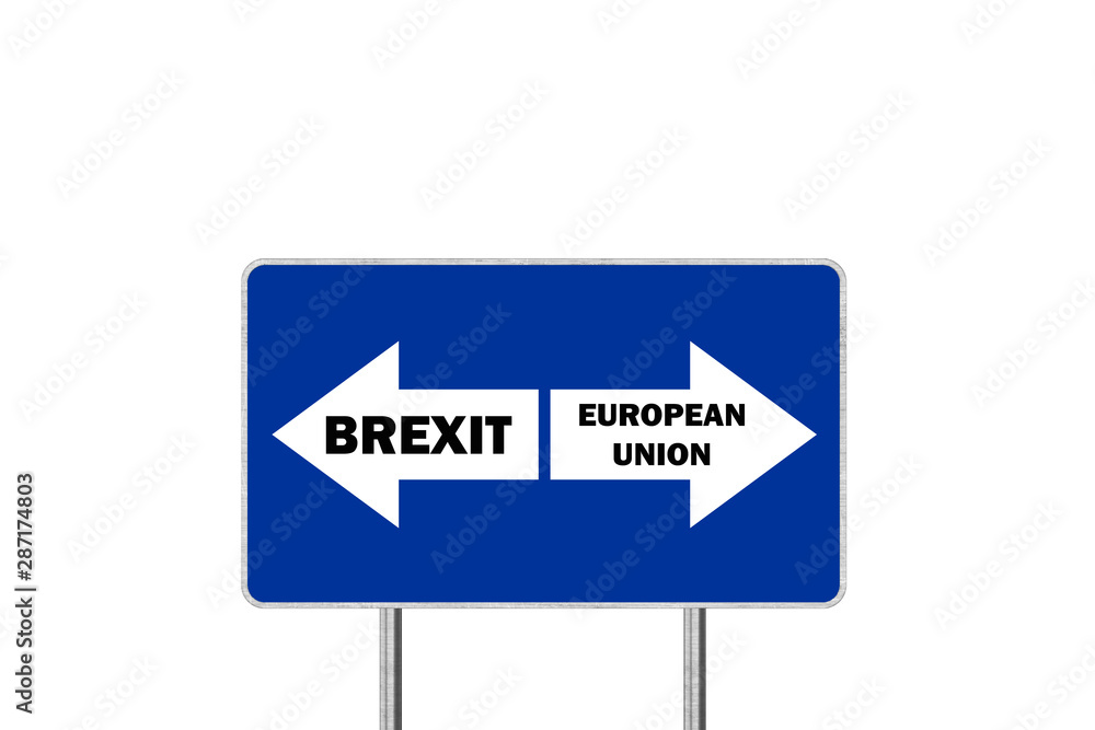 Brexit, or European Union. Road sign With Arrows Depicting UK and EU Departure Brexit, or European Union. Road sign With Arrows Depicting UK and EU Departure