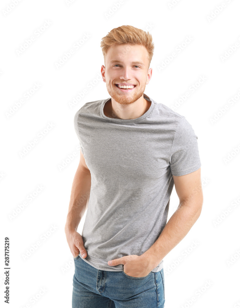 Man in stylish t-shirt on white background Man in stylish t-shirt on white background