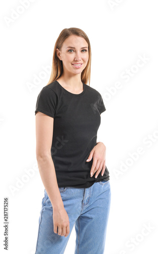 Woman in stylish t-shirt on white background © Pixel-Shot