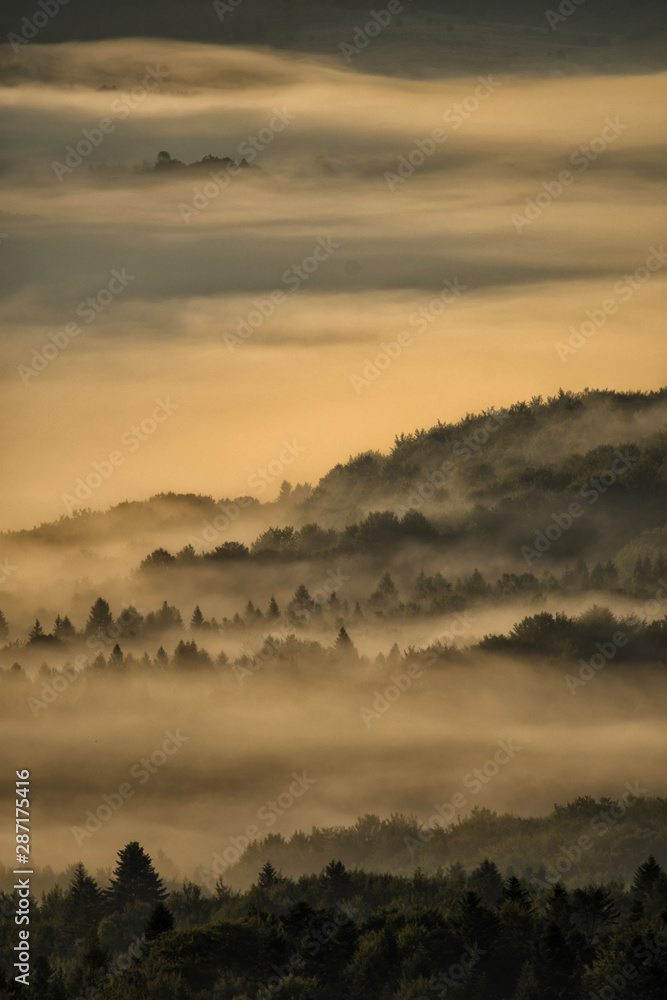 Beautiful misty sunrise in the mountains. Bieszczady Mountains. Poland.