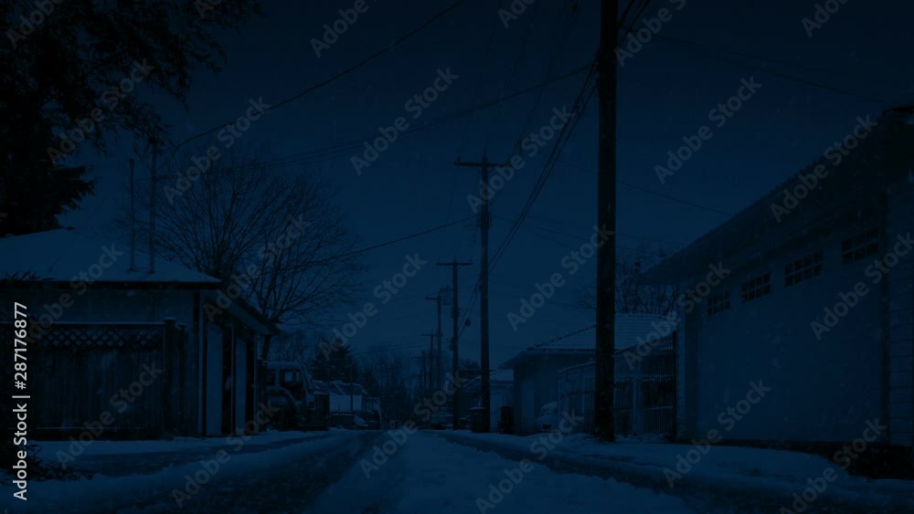 Snowing On Road Behind Houses At Night Snowing On Road Behind Houses At Night