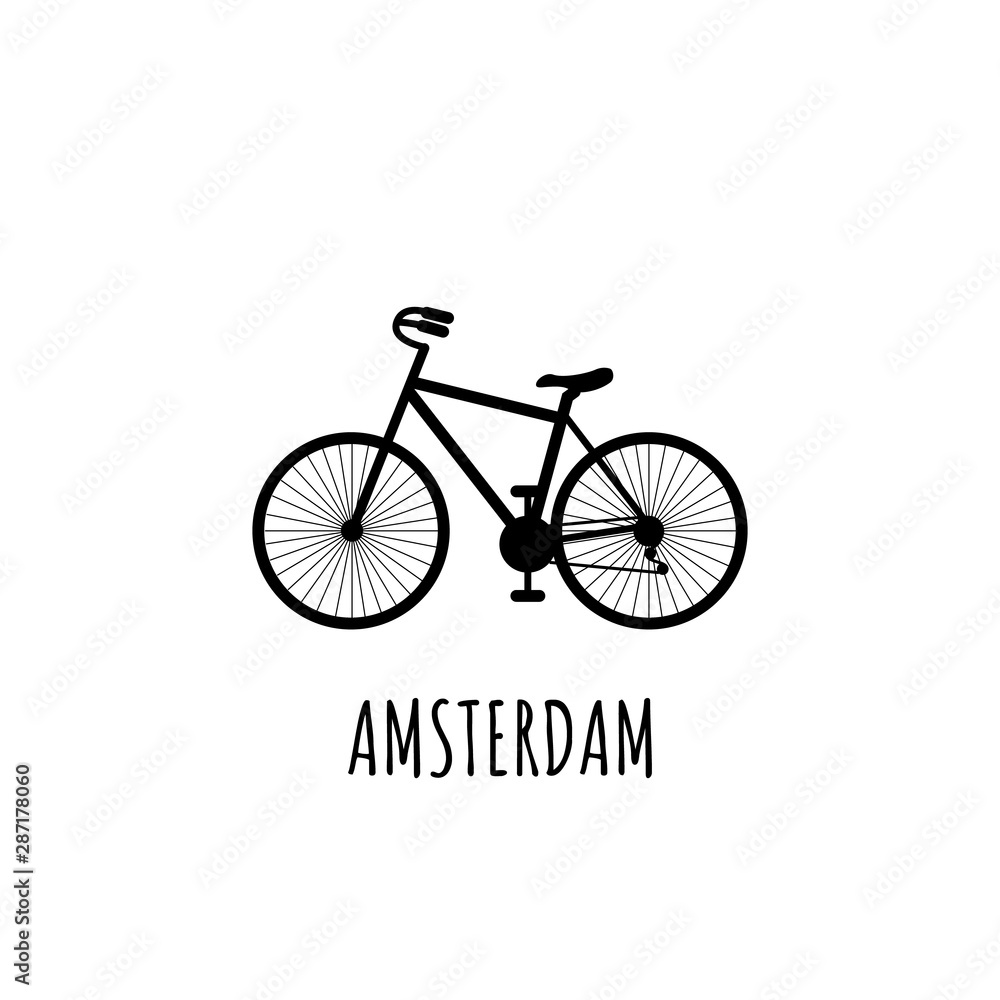black silhouette Bicycle with inscription Amsterdam. Most common transport in Amsterdam. Can be used for postcards and tourist booklets, logo Vector illustration. black silhouette Bicycle with inscription Amsterdam. Most common transport in Amsterdam. Can be used for postcards and tourist booklets, logo Vector illustration.