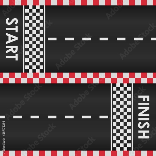 Racing road background with red checkered borders. Race track with start and finish line. Top view. Template design for karting, formula 1, nascar racing.