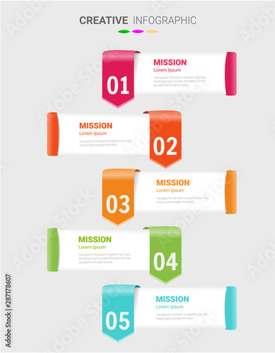 Presentation infographic template with 5 options, vector infographics design and marketing icons can be used for workflow layout, steps or processes.